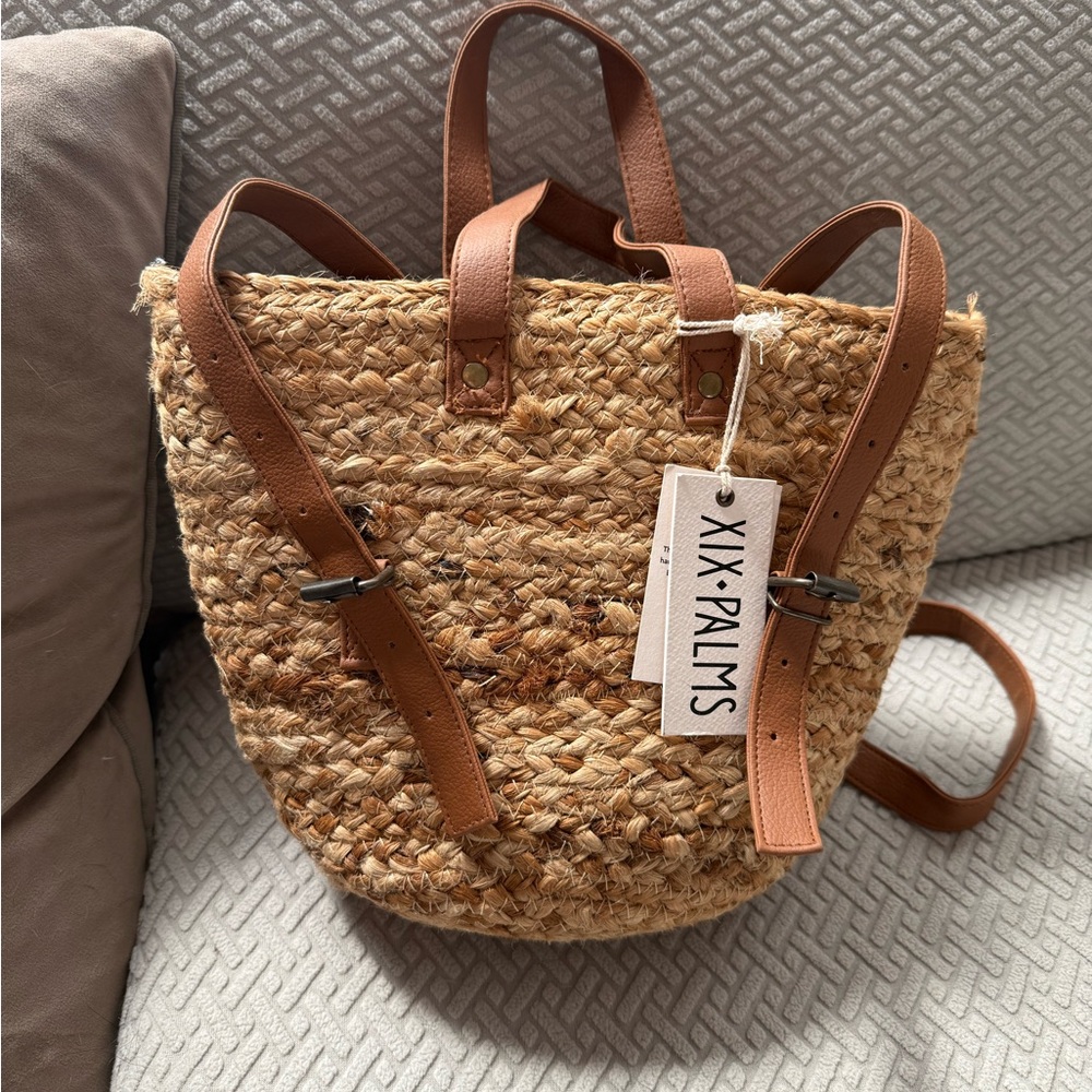 XIX Palms Straw Tote with Waterproof Blue Floral Lining